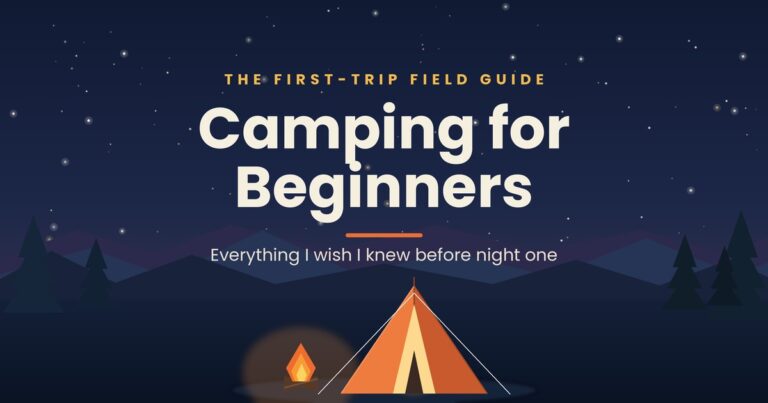Flat illustration of a glowing orange tent under a starry dusk sky beside pine trees and a campfire — camping for beginners guide cover